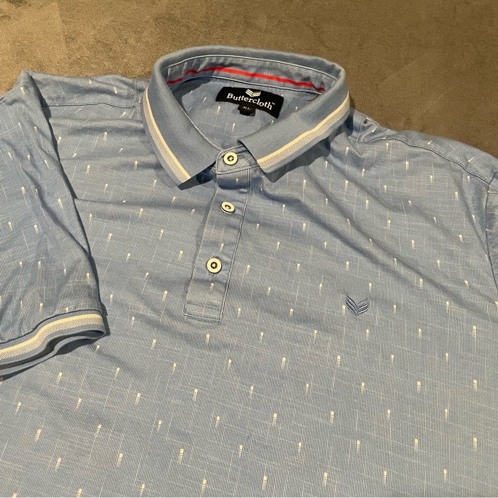 Buttercloth Shirt Mens XL Blue Polo Geometric Short Sleeve Stretch